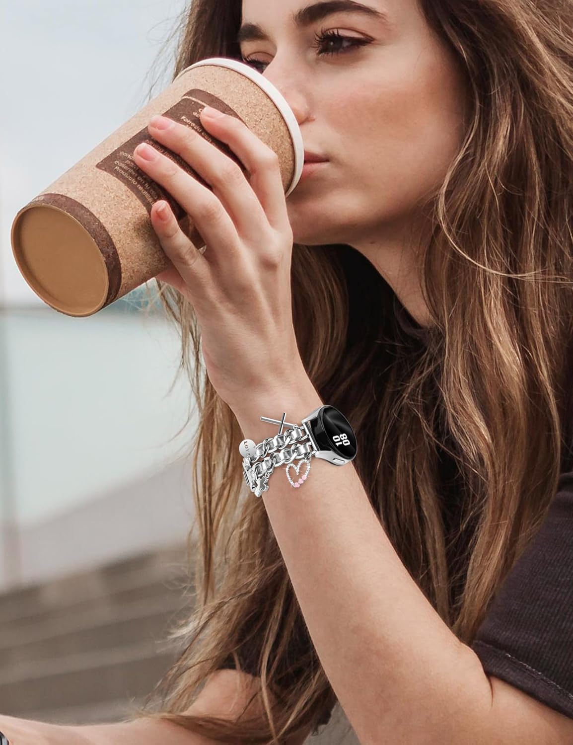 Silver Metal Band with Charms Women 20mm Adjustable Double Chain Watch Strap Compatible with Samsung Galaxy Watch 7/6/5/4/Active 2/4 6 Classic/5 Pro/FE 40mm 42mm 43mm 44mm 45mm 46mm 47mm - Image 2