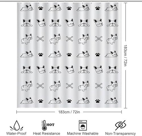 Miniatura 2 de DEVONWIDE Juego de 4 cortinas de ducha de bulldog francés con alfombras antideslizantes, cubierta de tapa de inodoro y tapete de baño, 72 x 72