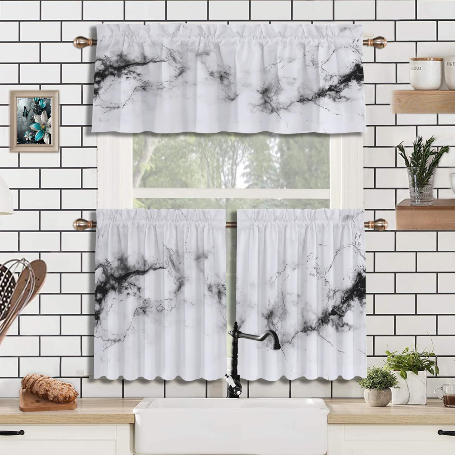 White Marble Texture Kitchen Valance Curtain, Black Ink Smoke Cracks Art Rod Pocket Short Curtains, 3 Panel Set 54" W x 18" L, 27" W x 36" L for Any Room Decor
