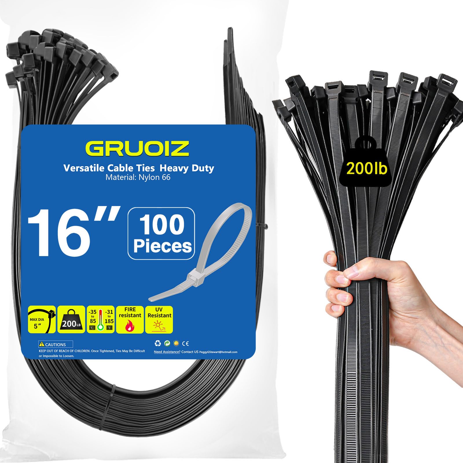 16 Inch Heavy Duty Black Zip Ties (100 Pieces) with 200lbs Tensile Strength, Long Durable Nylon Zip Cable Ties UV Resistant Plastic Wire Ties Self-Locking Tie Wraps Perfect for Home Garden Office