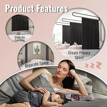 U-Shape Room Divide with Metal Support Rod, 6.56ft,Black