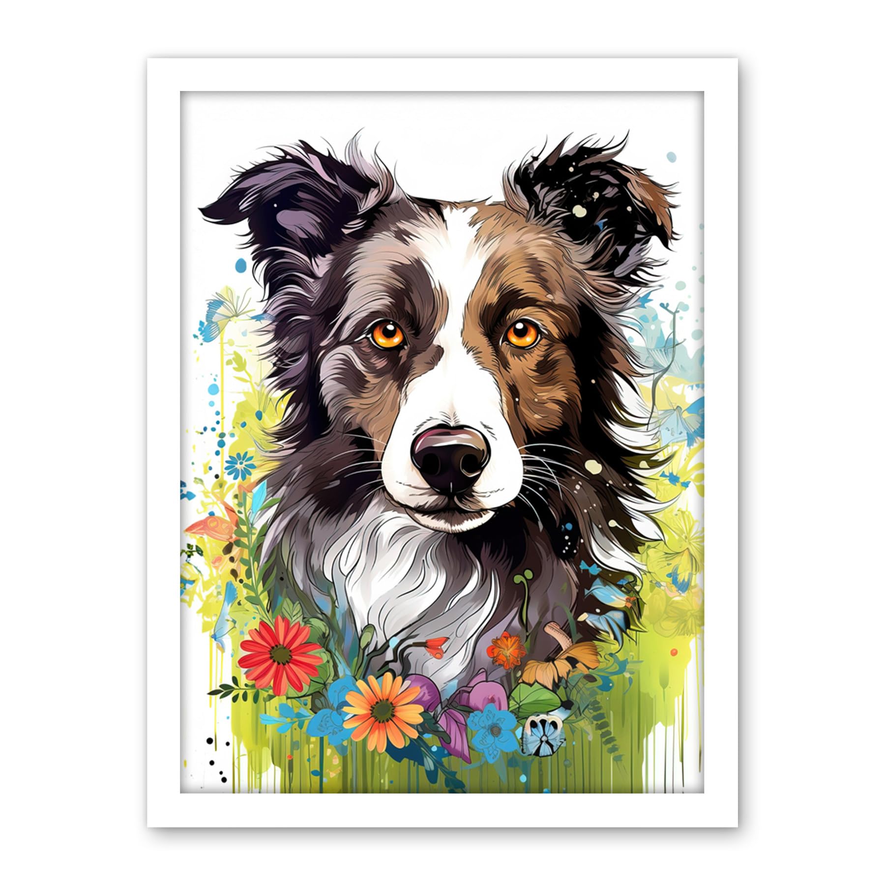 Artery8 Border Collie Dog Bright Watercolour Painting Floral Portrait with Wildflowers and Butterflies Artwork Framed Wall Art Print 18X24 Inch
