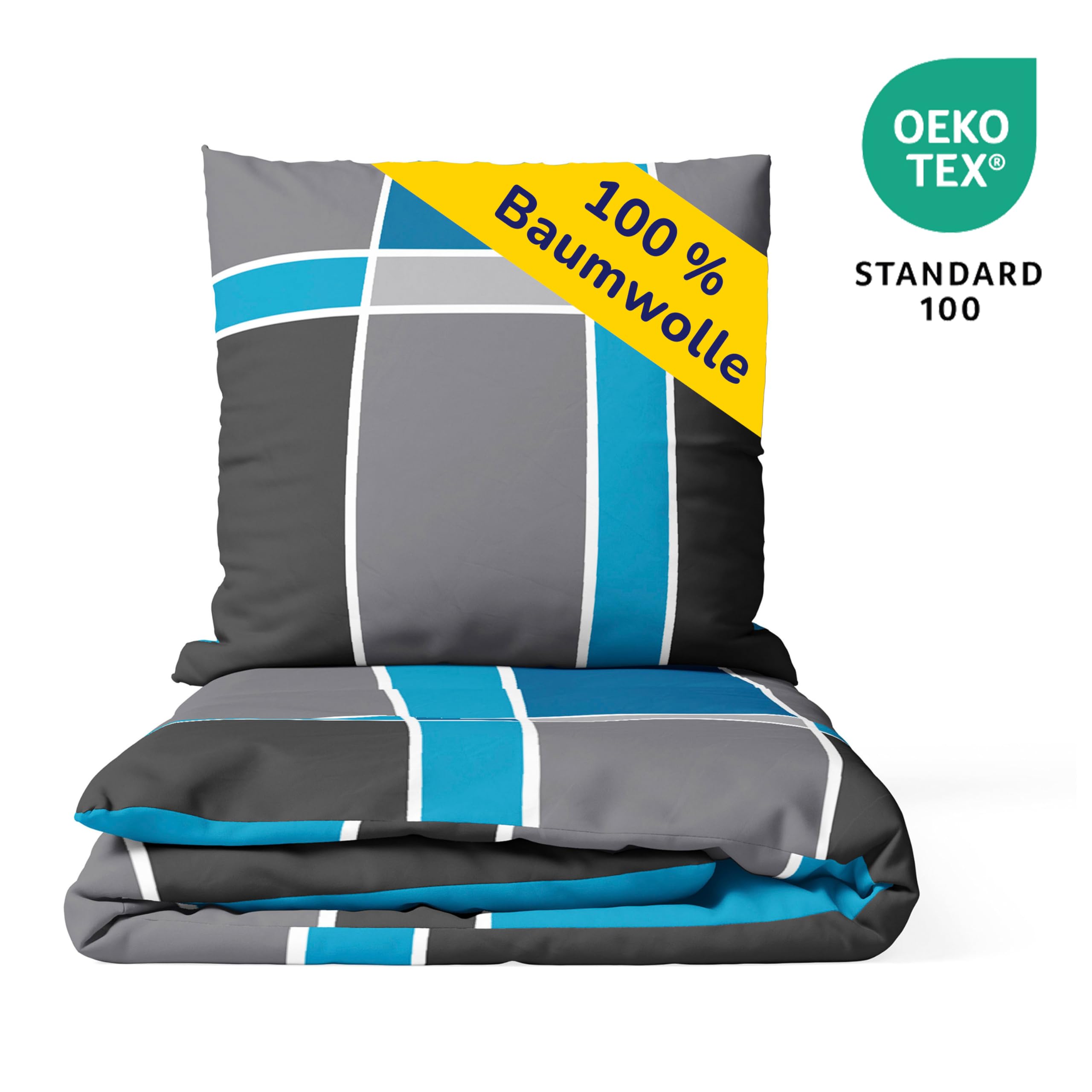 Träumschön Biber Bettwäsche Set 2tlg 155x220 cm + 80x80 cm – Flauschige Bettwäsche Grau/Blau – Weiche Winterbettwäsche mit Karo Design - Atmungsaktiv, Warm & Hautfreundlich - 100% Baumwolle