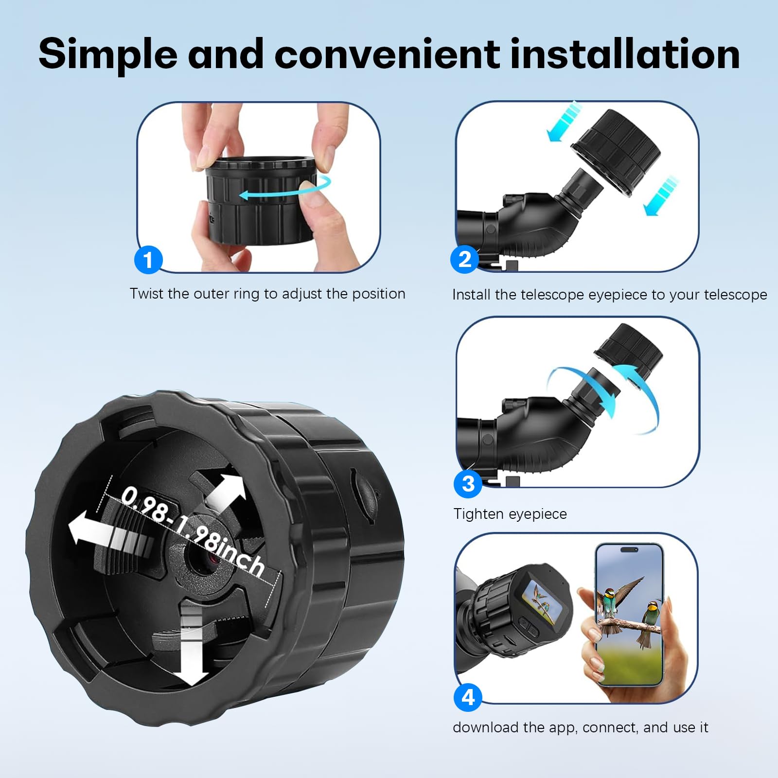 Telecamera oculare elettronica WiFi, telescopio digitale wireless da 3,8 cm, con registrazione video HD 1080p, per telescopi monoculari da 28 mm-50 mm, binocolo astronomico