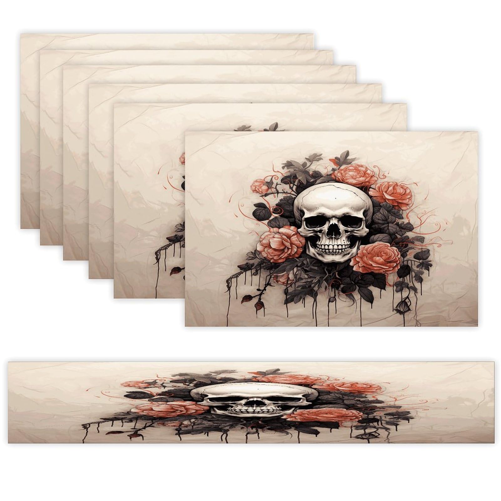 Ancient Skull and Flowers Table Runner and Placemats Set of 6 Wipe Clean Heat Resistant Table Mat with Table Runner Decorations Flax Linen Place Mat Set for Home Kitchen Party Supplies