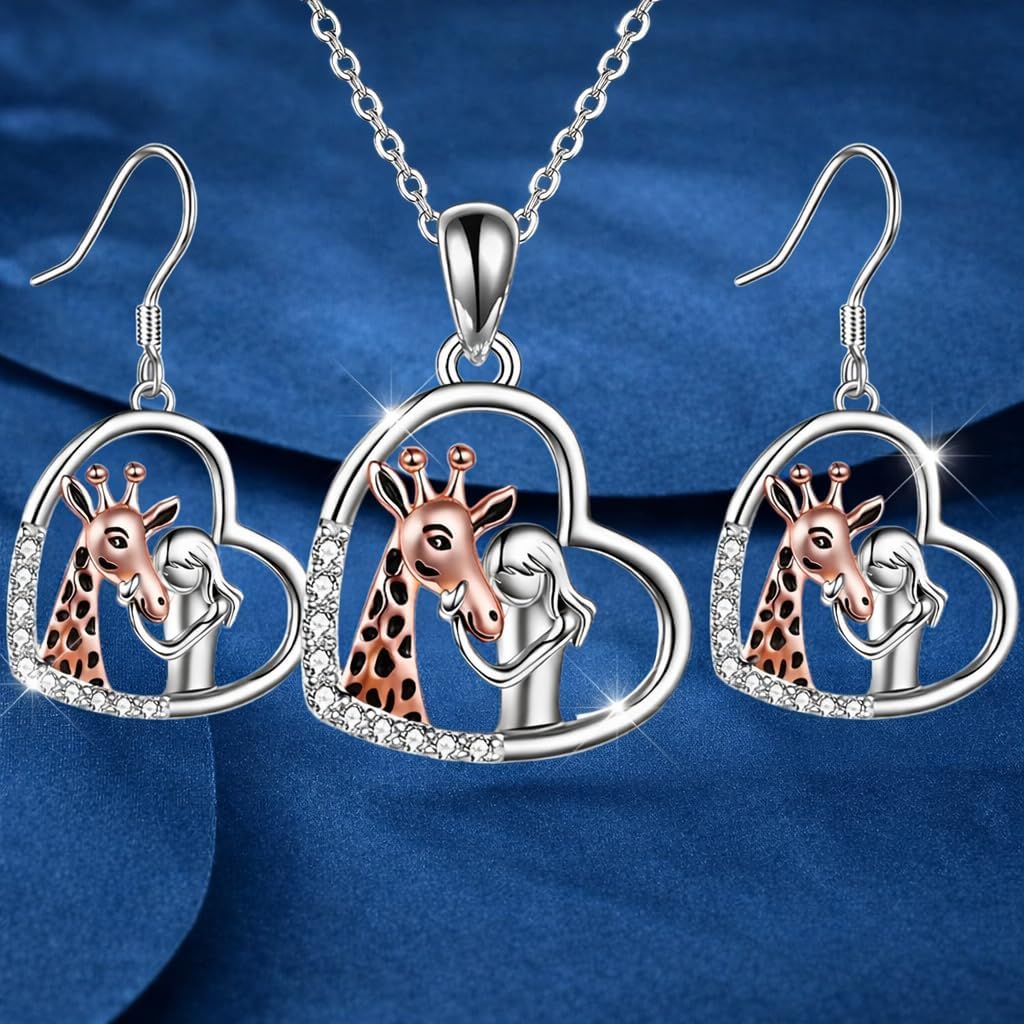 SUPAC Sterling Silver Giraffe Heart Pendant Necklace with Crystals