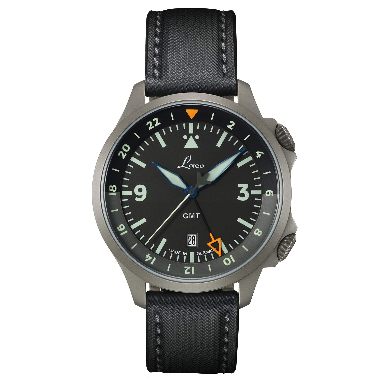 Laco Reloj de Aviador Frankfurt GMT Negro Fabricado en Alemania – Reloj automático de 43 mm de diámetro – Impermeable 20 ATM – Desde 1925, Correas