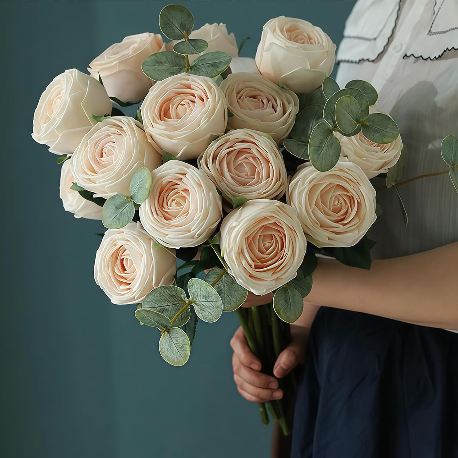 5Pcs Champagne Real Touch Artificial Austin Rose Peony Silk Flowers with Stems - Lifelike Latex Fake Roses for Home Decor, Weddings, and DIY Floral Arrangements - Image 6