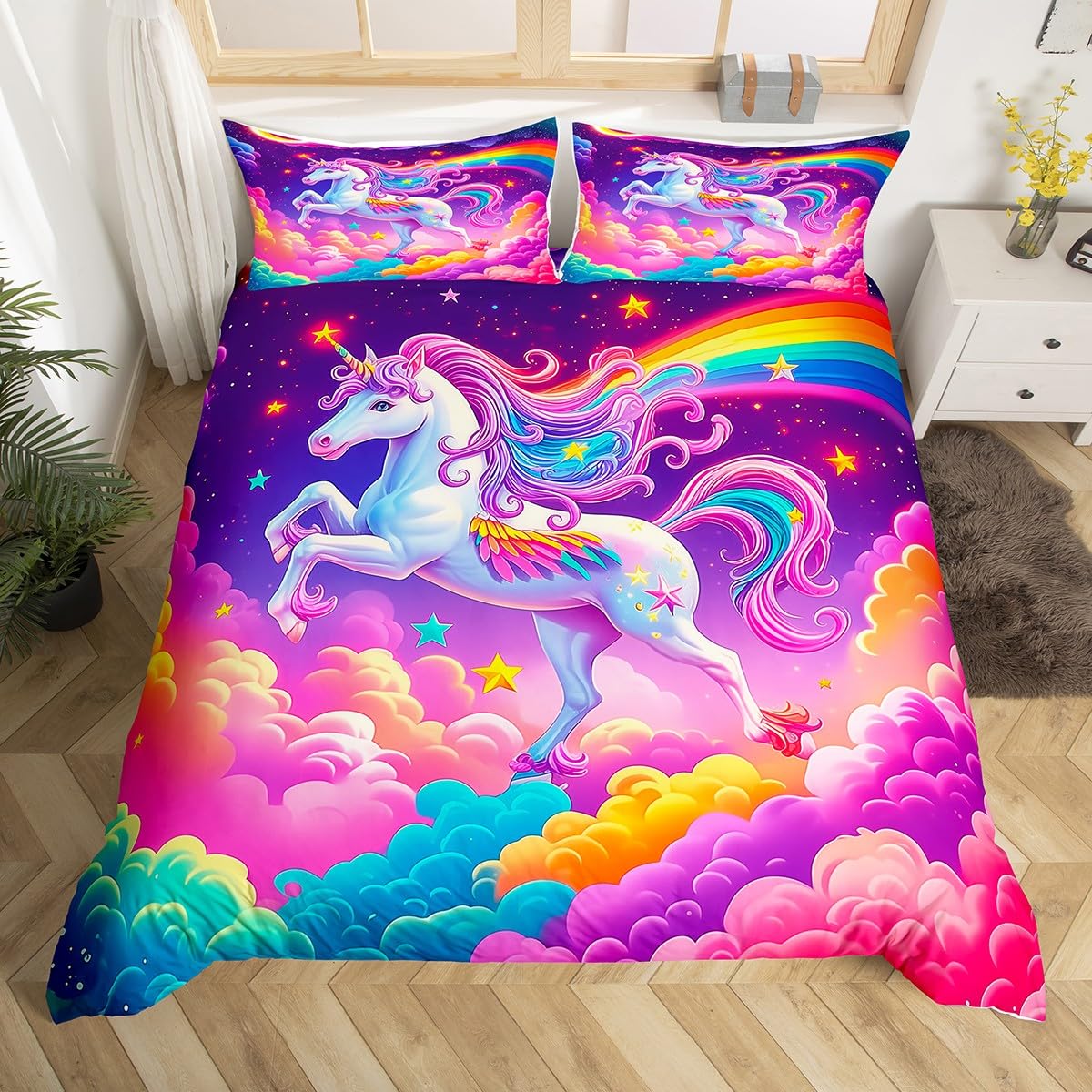 Manfei Dreamy Unicorn Kids Duvet Cover Set Toddler Size,Fantasy Sky Rainbow Clouds Stars Bedding Set,Girls Teens Room Decor,Fairy Tale Horse Animal Colorful Quilt Cover,No Comforter