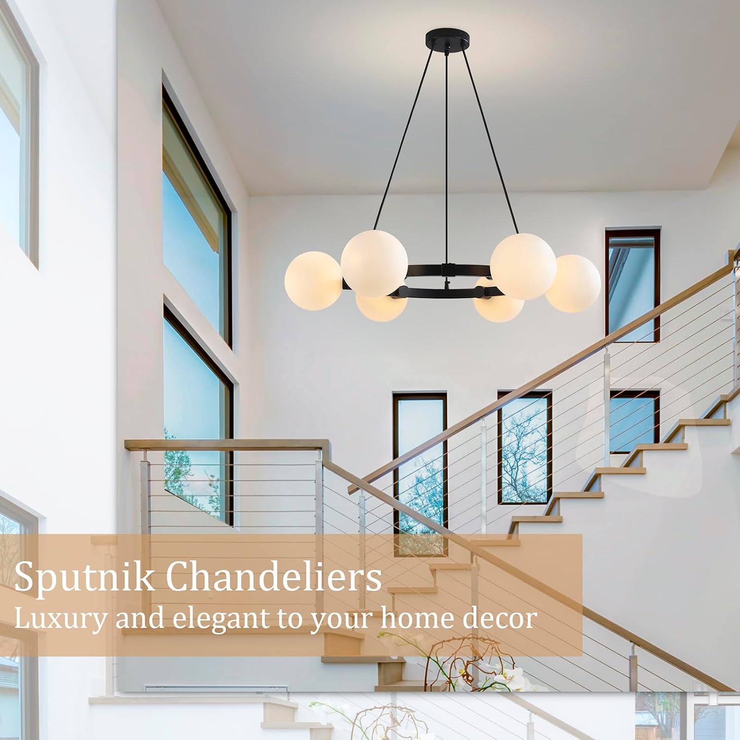 6-Light Glass Globe Sputnik Chandelier, Black Wagon Wheel Chandeliers for Dining Room with Milky White Globe, Mid Century Modern Light Fixture Over Table for Kitchen Island Living Room