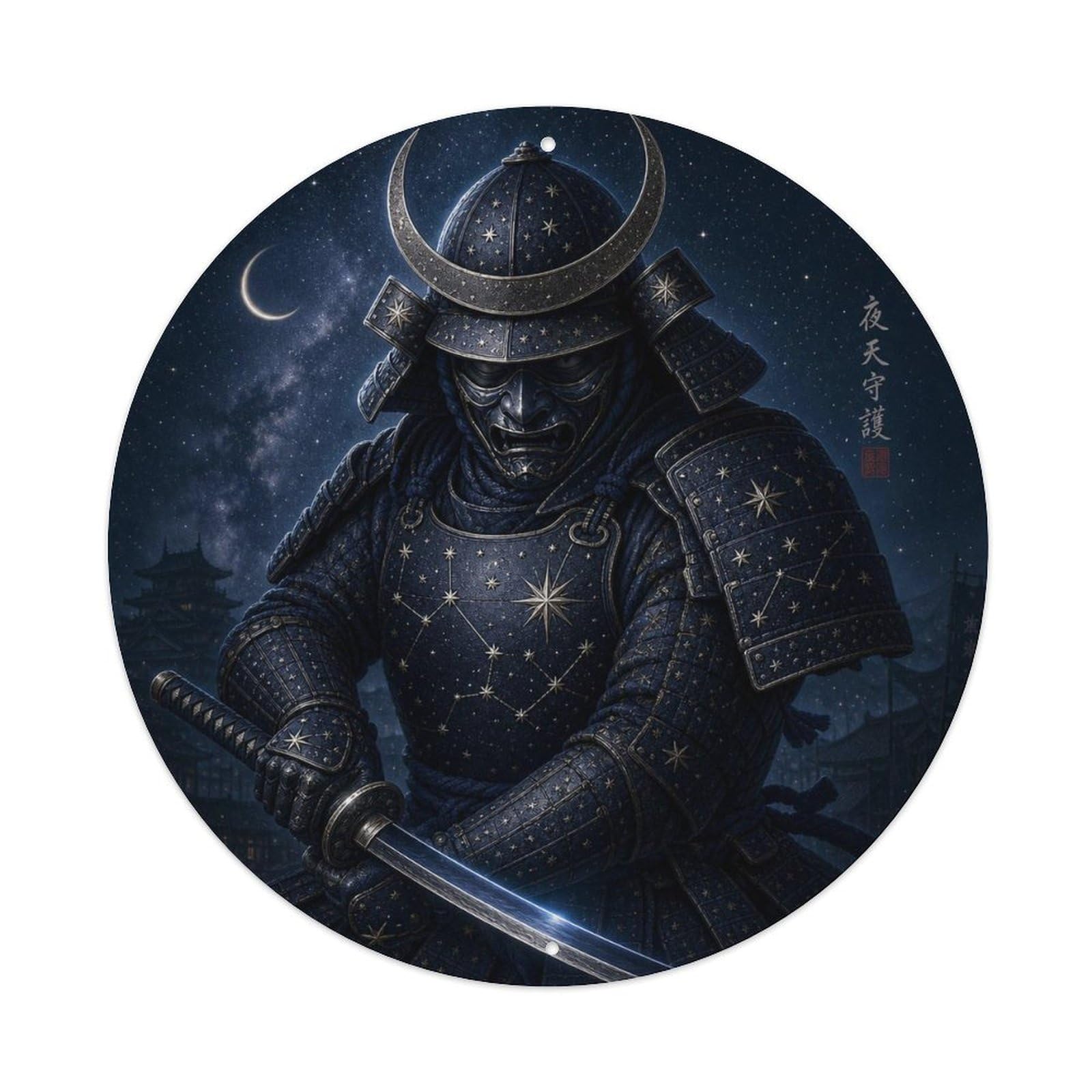 Okngb Style Ronin Indigo Night Diagonal Downward Block Katana Badge Metal Tin Sign Plaque Wall Decor For Cafe, Man Cave, Club Bar, Office, Home Garden Round Metal Poster 8X8inch