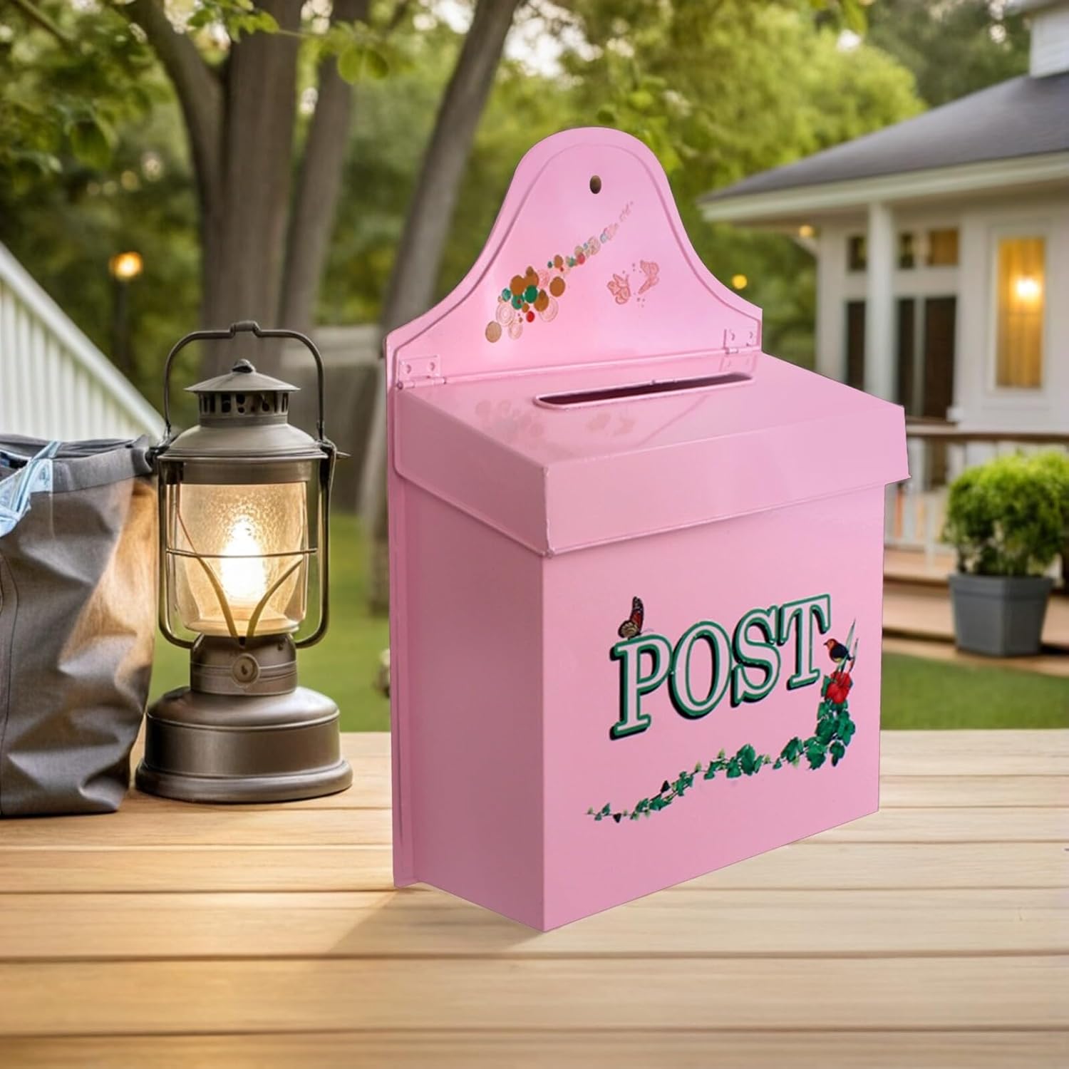 TEHAUX Vintage Wall Mount Mailbox Metal Outdoor Mailbox Large Capacity Rural Home Decor Pink Weather-Resistant Letters and Parcels