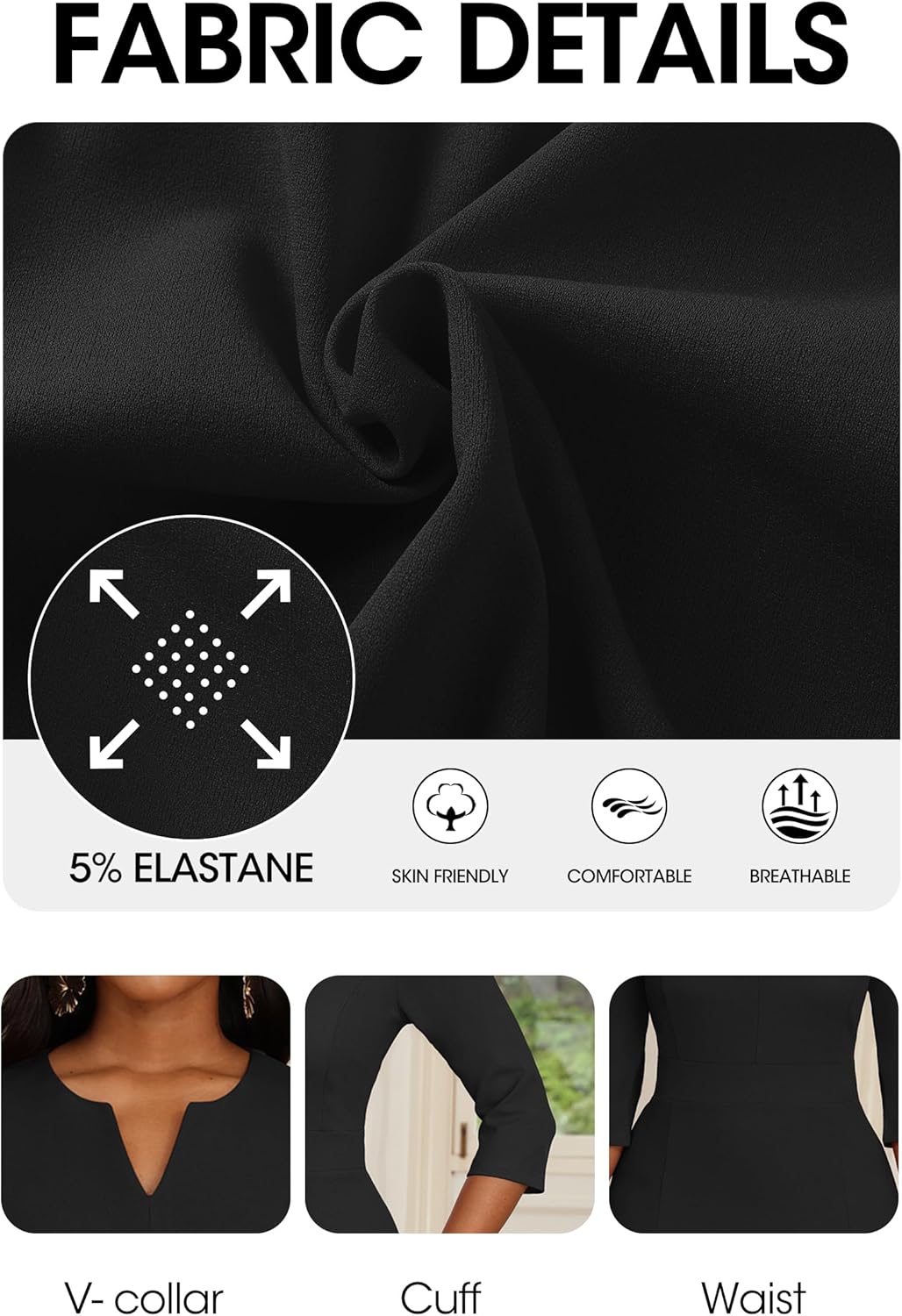 Nmoder Womens Wedding Guest Dress|Cocktail Mermaid Bodycon Church Fishtail Midi Dresses 3/4 Sleeve V-Neck - Image 6