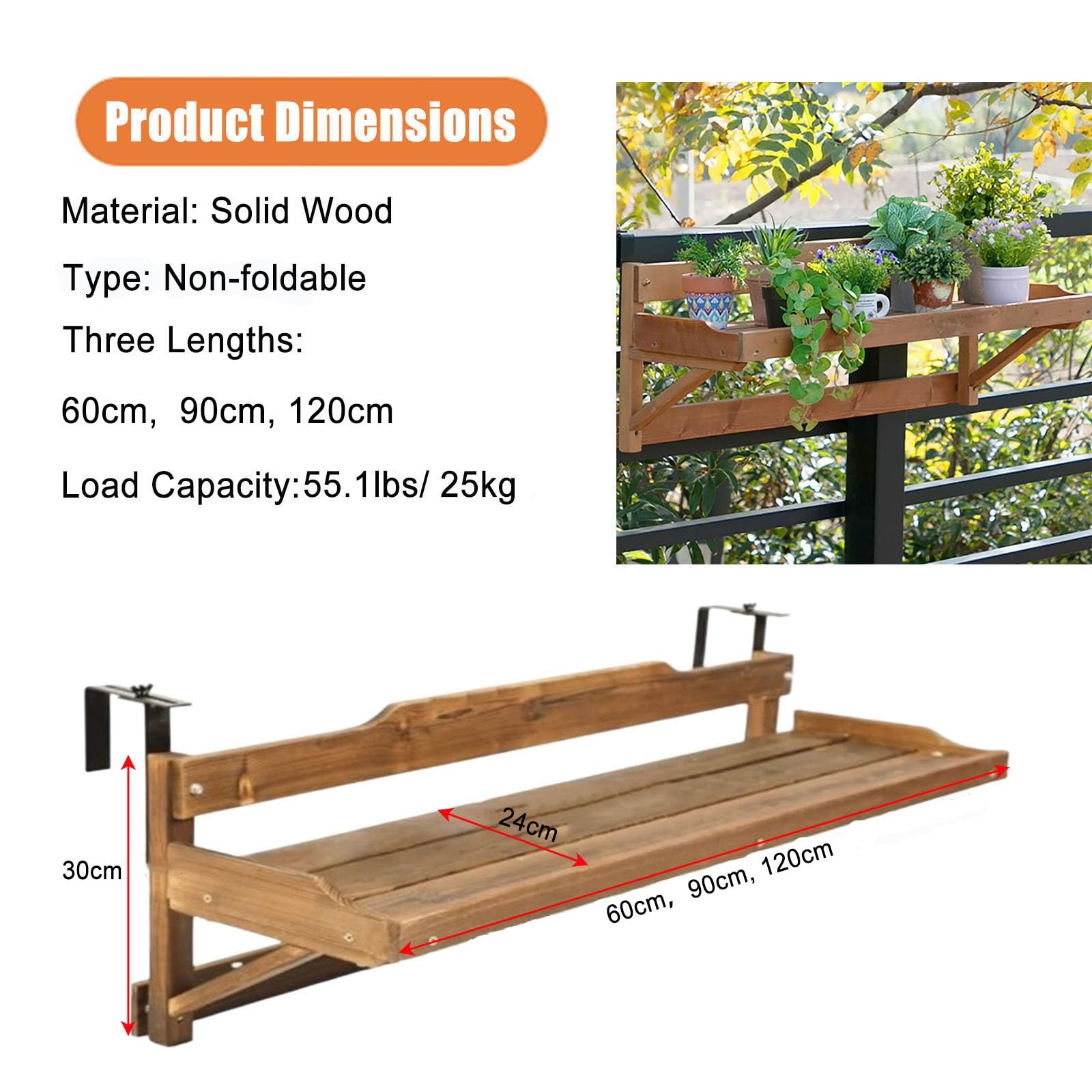 Generico tavolo ringhiera balcone pieghevole Tavolo da balcone non pieghevole con ringhiera/tavolo da lettura, tavoli con ringhiera in legno massello(L 60 CM)