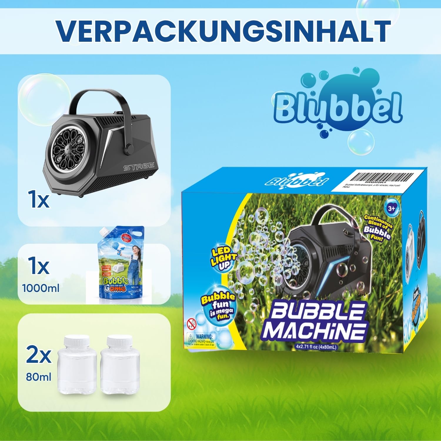 Blubbel LED Seifenblasenmaschine mit 1L Seifenblasenflüssigkeit, Bubble Maschine