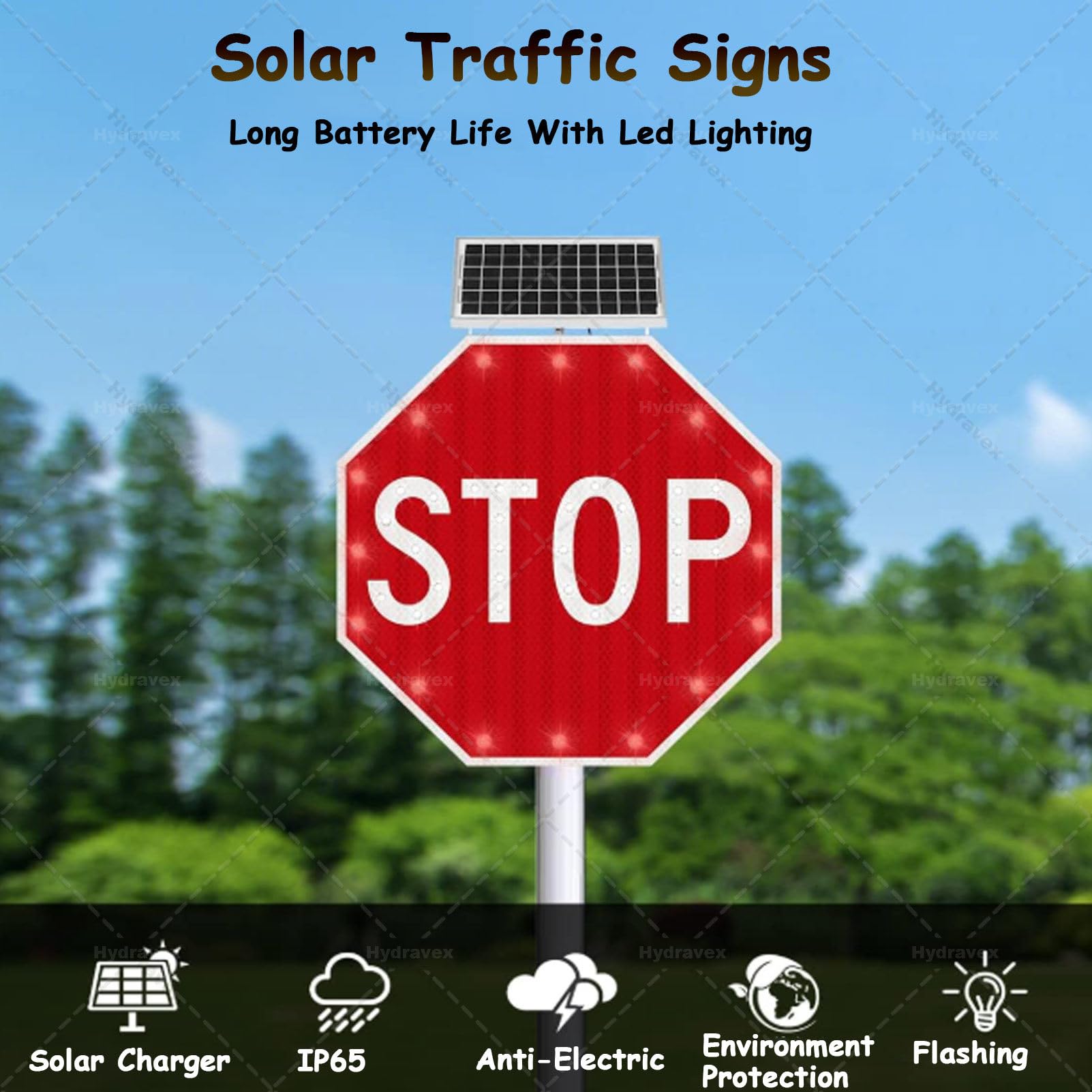 Señal de parada LED solar, señal de advertencia de tráfico parpadeante, señal de carretera iluminada de aluminio, IP65 impermeable