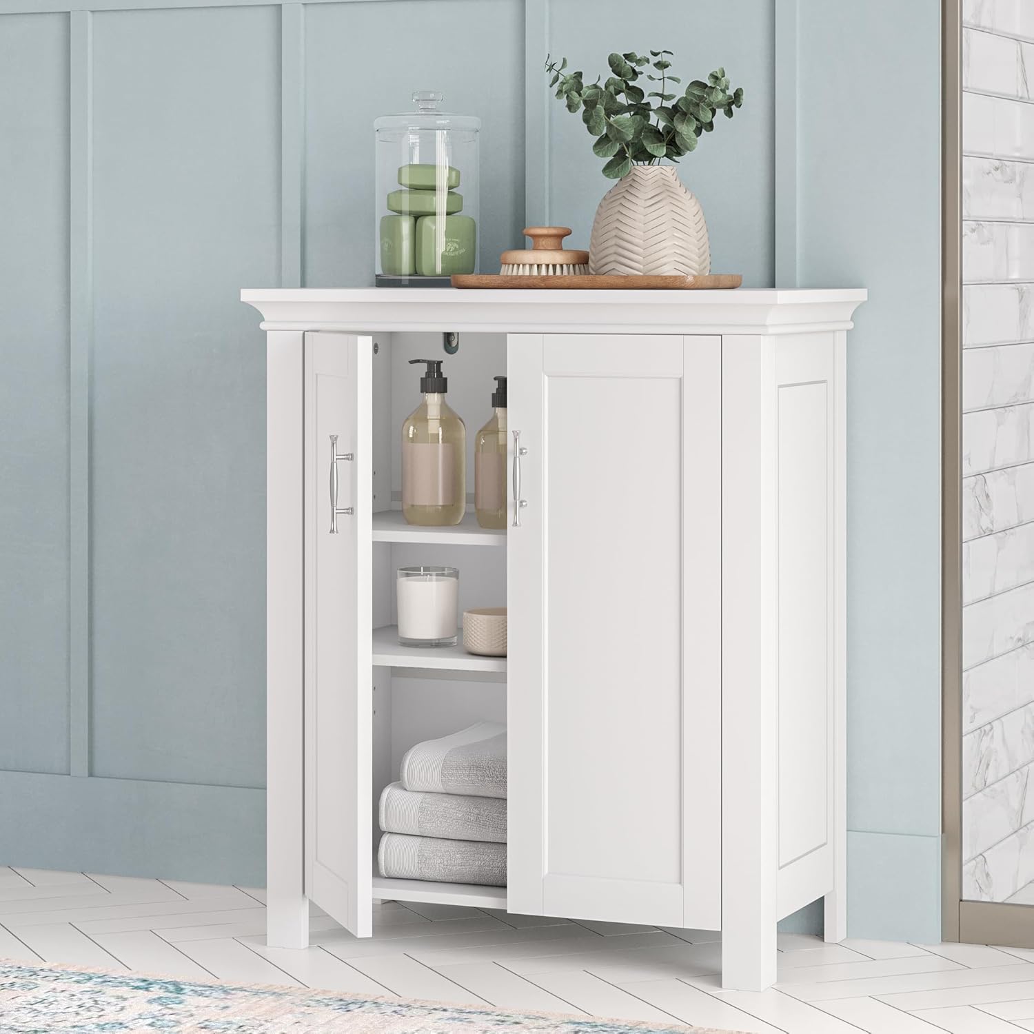 RiverRidge Somerset Two-Door Floor Cabinet with Adjustable Shelves – Elegant Bathroom Storage Cabinet with Classic Design, Inset Panels & Stylish Handles - Versatile Storage for Entryway or Linen