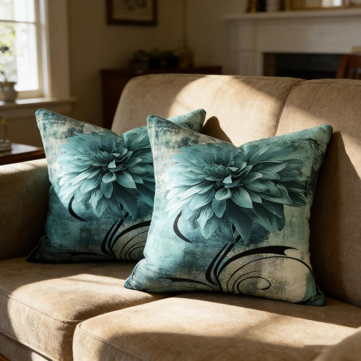 OYIMUA Soft Decorative Chenille Teal and Grey Throw Pillow Covers 22x22 Set of 2 Vintage Abstract Flower Pillow Case for Couch Sofa Bedroom Living Room Home Decor Accent Pillows