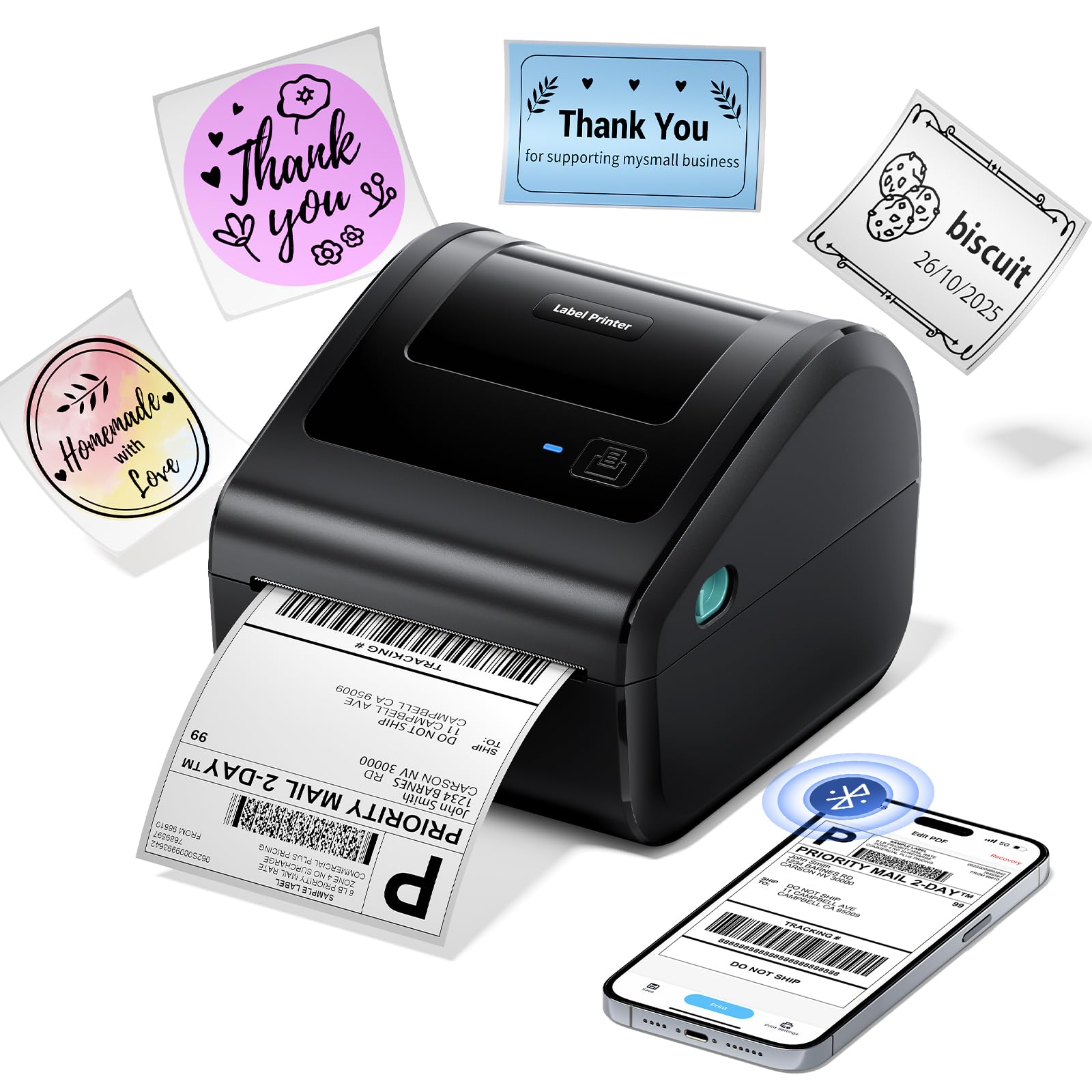 Bluetooth Shipping Label Printer, 4x6 Thermal Label Printer for Small Business - Compatible with Android, iOS, Windows and Mac, Widely Used for Amazon, Ebay, Etsy, Shopify, USPS, UPS,FedEx