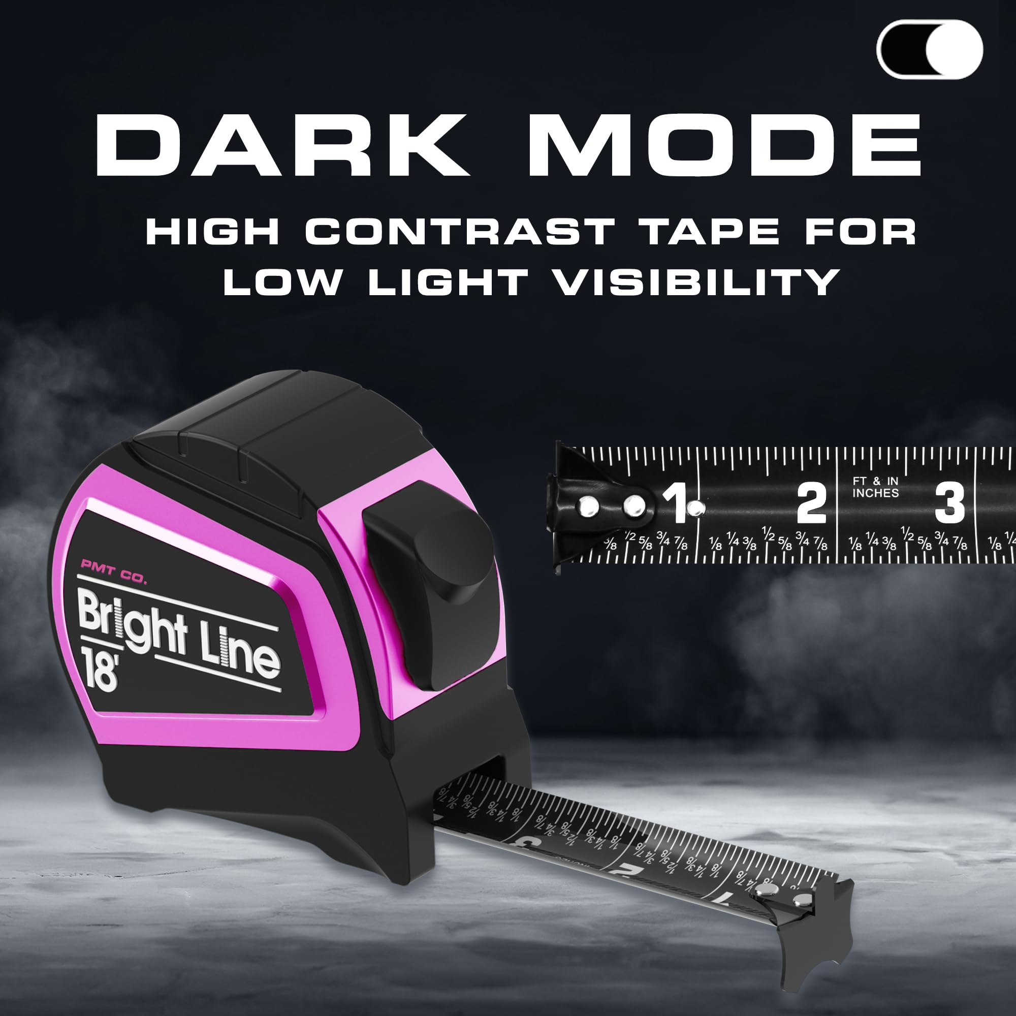 Perfect Measuring Tape - Cinta métrica EasyRead de alto contraste Pink BrightLine para poca luz (modo oscuro) - Funda de goma de 18 pies (fracciones en pulgadas) Cinta métrica retráctil de doble cara