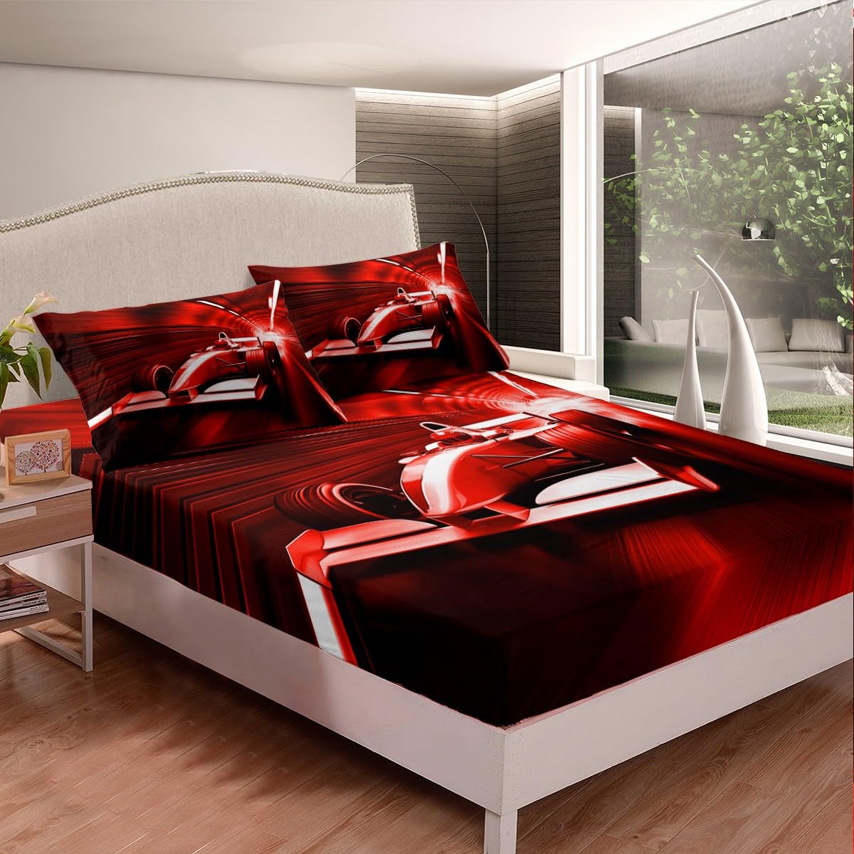 Red Race Car Fitted Sheets Twin Size,Neon Light Track Bedding Set 2Pcs for Kids Boys Teens Room Decor,Extreme Sport Gaming Bed Sheet Modern Cool Deep Pocket Sheet,1 Pillowcase