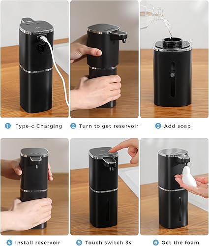 Miniatura 8 de Dispensador automático de jabón espumoso, recargable de 12.8 onzas, niveles de espuma ajustables, IPX5 impermeable, sin contacto y uso de paredmesa