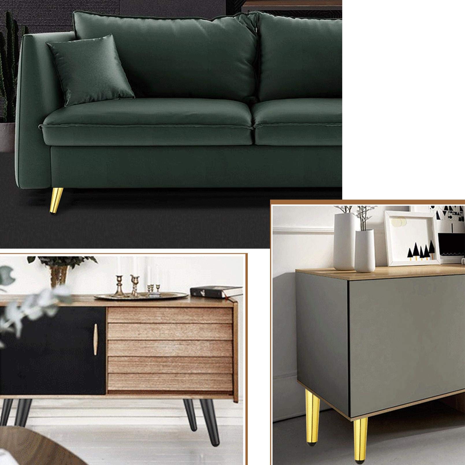 Lot de 4 Pieds de Meubles En MéTal,Pattes de Meuble En Tube CôNe,Pied de Canapé En Inclinaison,Pieds de Table En Le Fer de Bricolage,Pattes de Cabinet,pour Placard,Fauteuil(Black+gold30cm/11.8in)