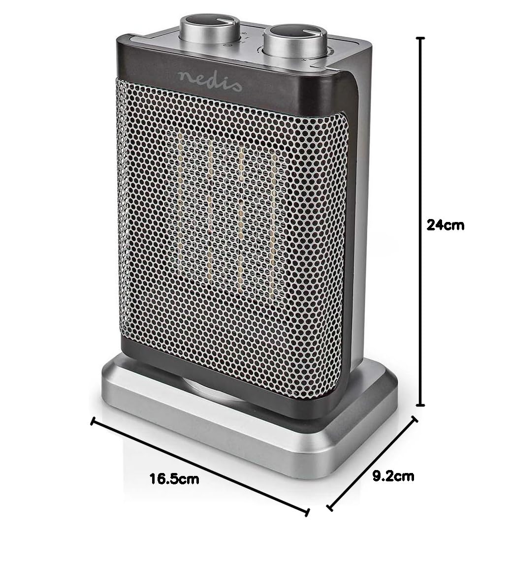 Nedis HTFA17GY ceramiczny termowentylator PTC, 1000/1500 W, 2 tryby ogrzewania, regulowany termostat, automatycznie obrotowy, ochrona przed przegrzaniem, ochrona przed potknięciem