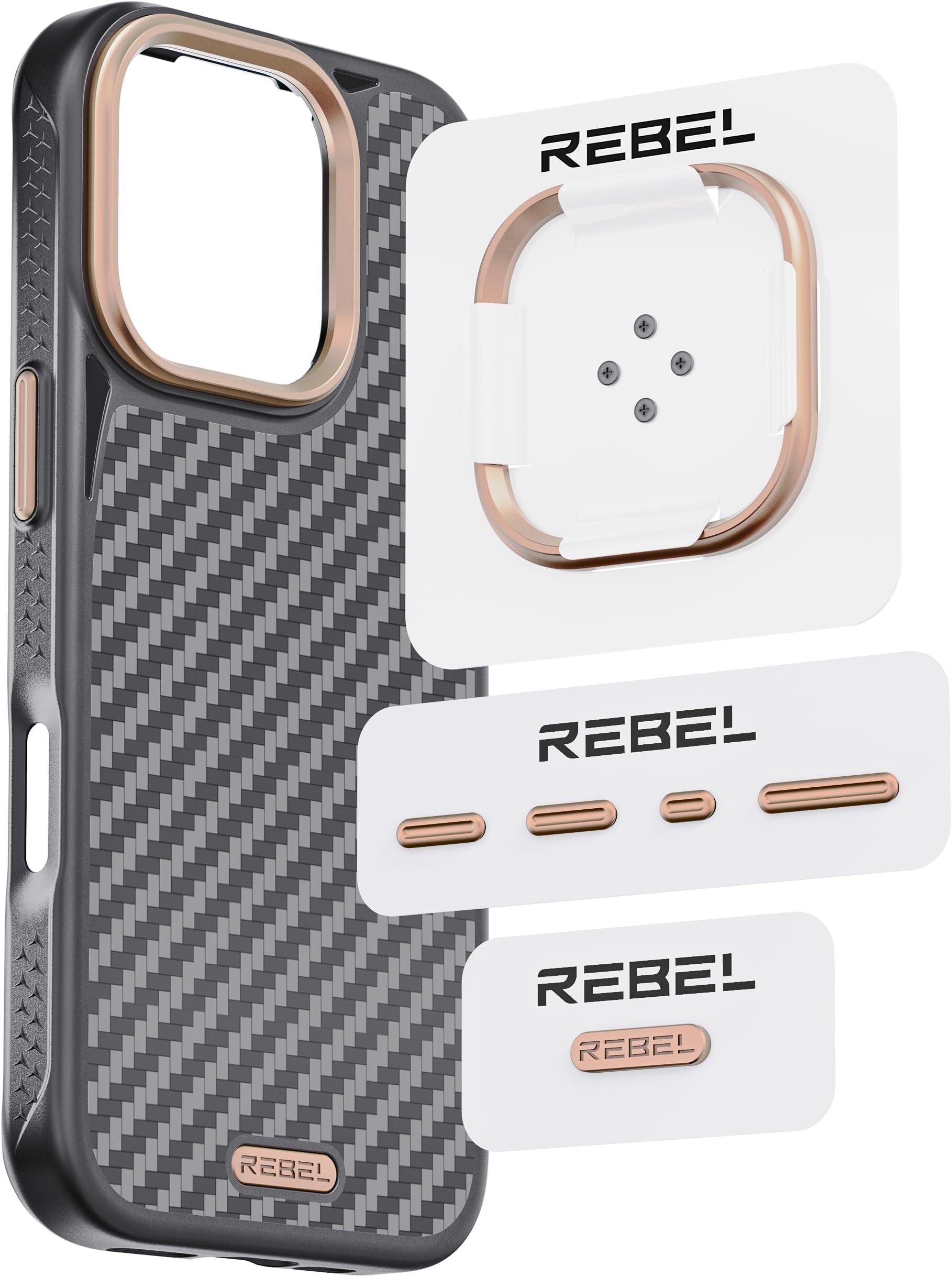 REBEL Metal Components Upgrade Kit [CNC Aluminum Full Set] Lens Ring, Complete Buttons & Logo Pack for iPhone 16 Pro Max/16 Pro/15 Pro Max/15 Pro/14 Pro Max GEN6/GEN5/FLEX Cases (Desert Gold)