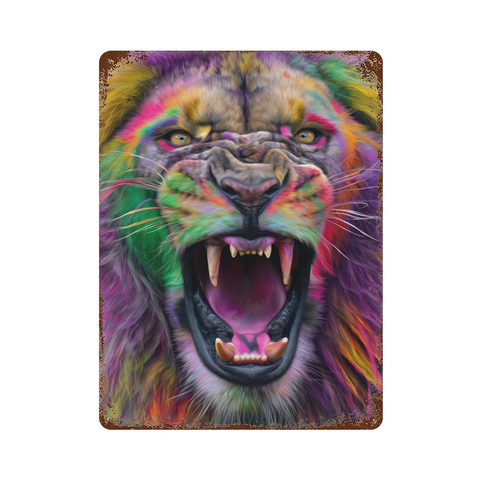 Colorful Roaring Lion Art Print Decorative Tin Sign 15.7"x11.8", Vintage Wall Decor for Basement, Hobby Room And Garage Decor