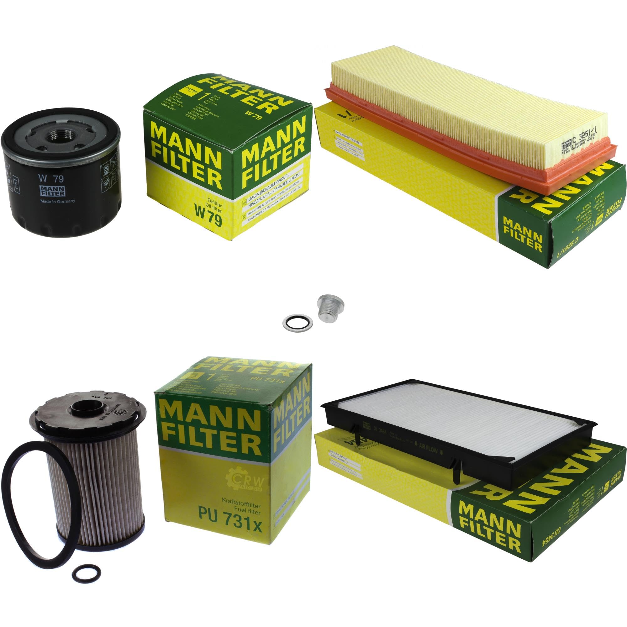 Paquete de inspección Kit de mantenimiento de filtros con filtro de aceite W 79, filtro de aire C 3251/1, filtro de combustible PU 731 x, filtro de habitáculo CU 3454, tornillo de cierre