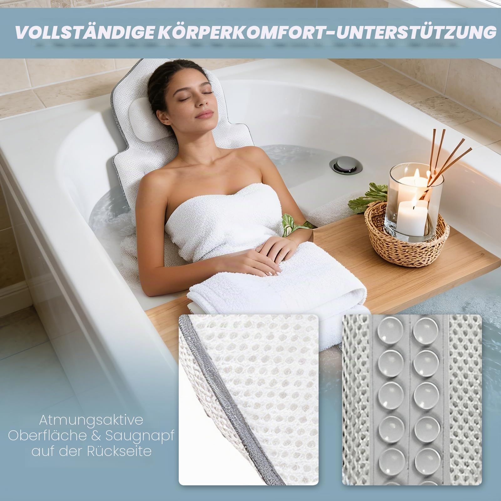 Badewannenkissen mit abnehmbarem Lendenkissen, 144 Saugnäpfen für optimalen Halt, ergonomische Unterstützung für Kopf, Nacken und Rücken für maximale Entspannung (133 x 41 cm)