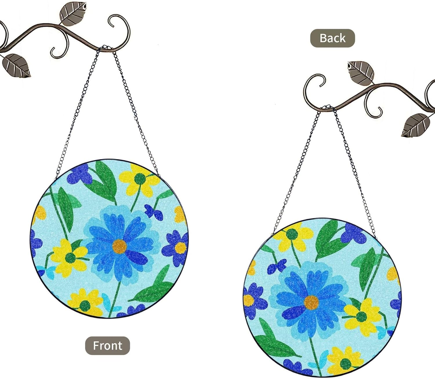 Stained Glass Window Hanging 6in Window Suncatcher Glass Panel with Metal Chain Blue and Yellow Flower and Green Leaf Pattern Sun Catchers Wall Art Home Decor Gift for Women Mother's Day
