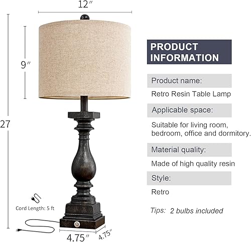 Miniatura 9 de BOBOMOMO Puertos de carga USB retro de 27 pulgadas, AC, 3 vías, regulables, control táctil, lámparas de casa de campo negras para dormitorios,