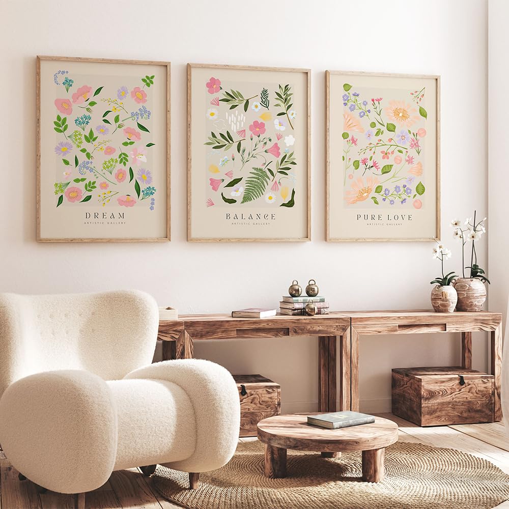 Wbyzac Multicolored Wall Pictures-Abstract Wildflowers Flower Botanical Canvas Painting Pastel Gallery Wall Pictures Boho Aesthetic Bedroom Kitchen Posters Artwork-40 * 50Cm*3Pcs (No Frame)
