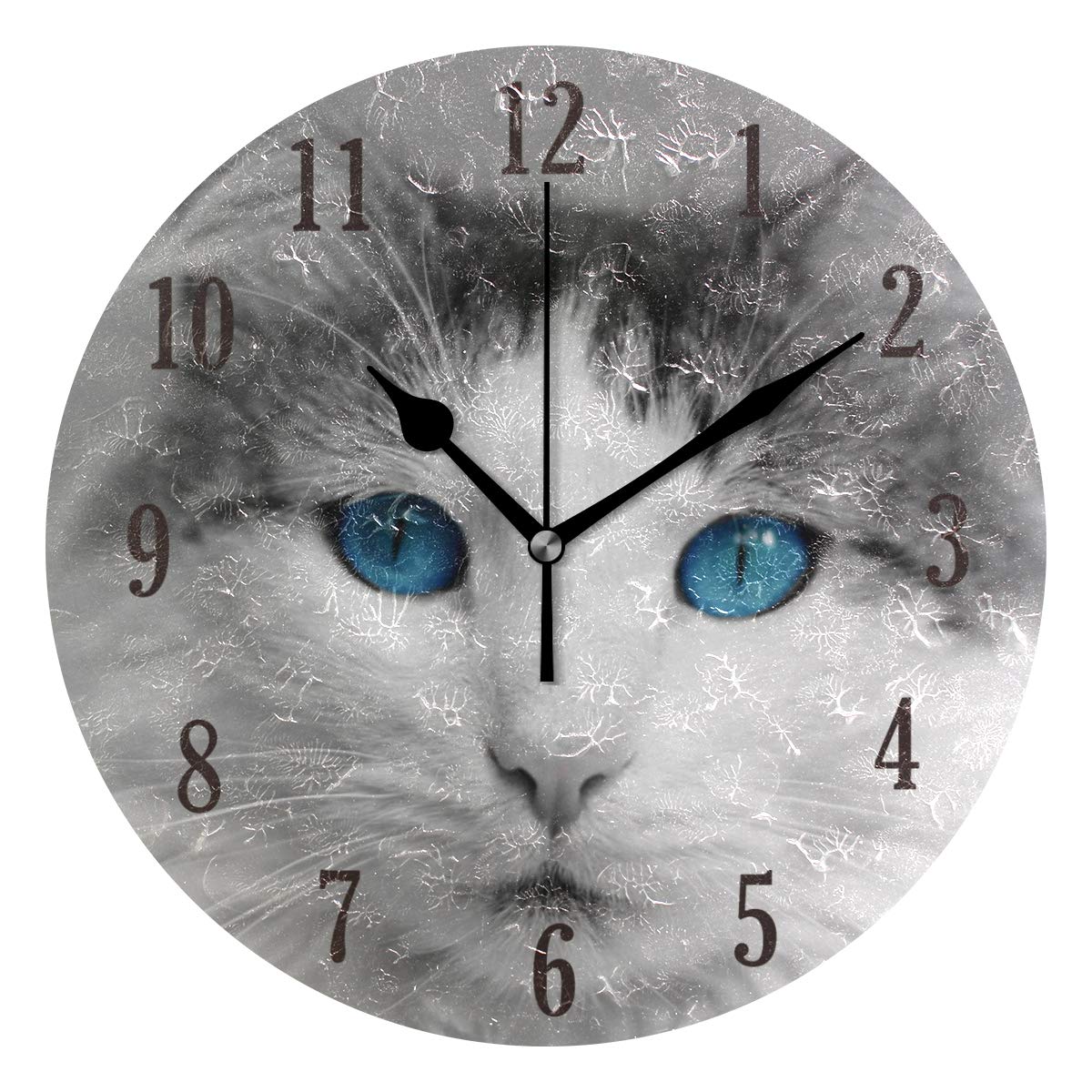 Mnsruu Round Blue Eyes Cat Wall Clock Silent Non Ticking Operated Accurate Sweep Movement,Decorative for Living Room, Bedroom, Office