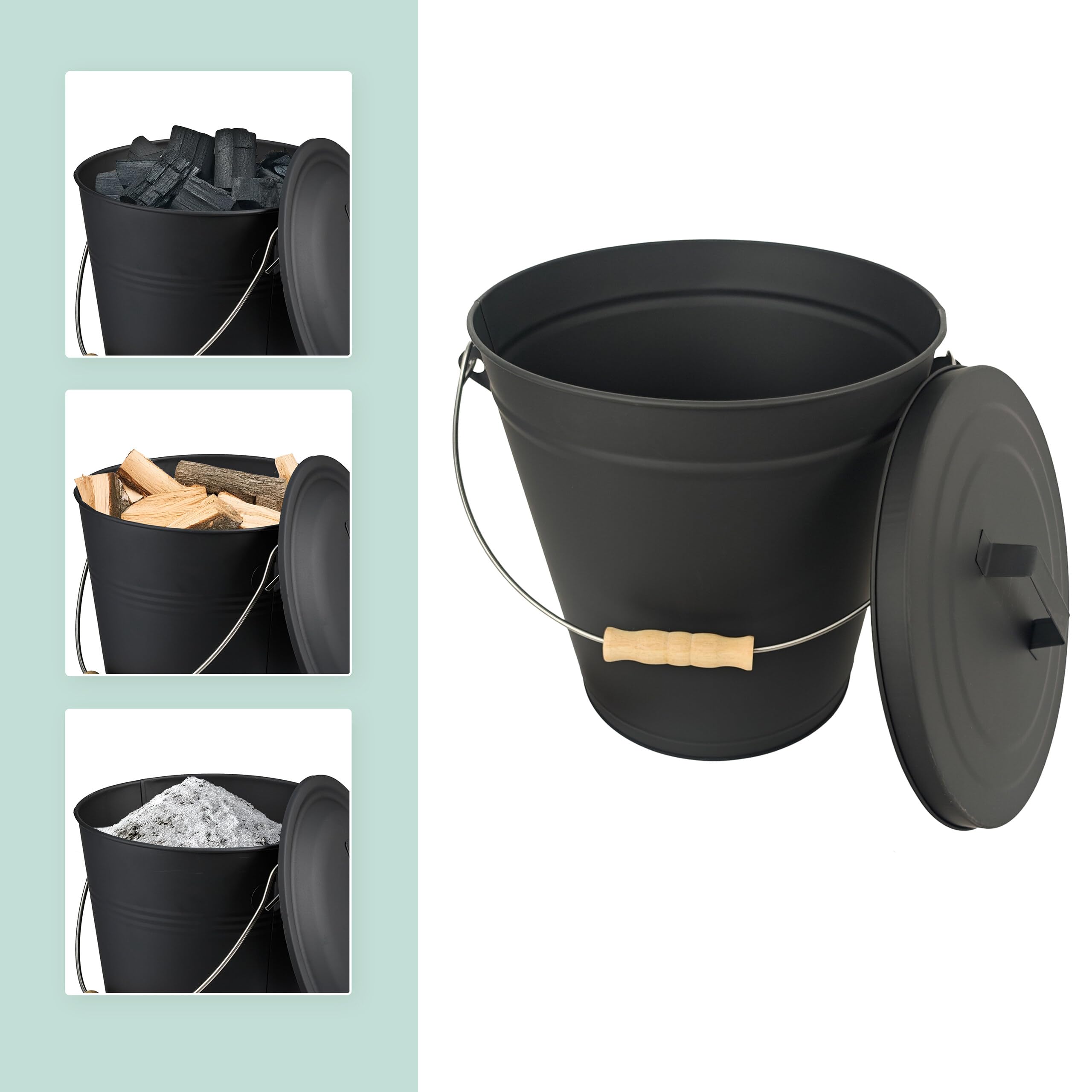 Relaxdays Cubo para Cenizas de 20 l con Tapa, Cepillo y Pala, asa Negro/Natural