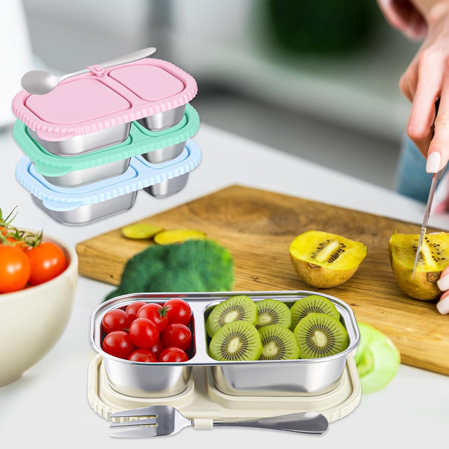 4 Pack Stainless Steel Snack Containers 2 Compartment Snack Containers with Lids Lunch Container 14 oz Food Box for Adult Outdoor Camping (Green,Blue,Pink,White)