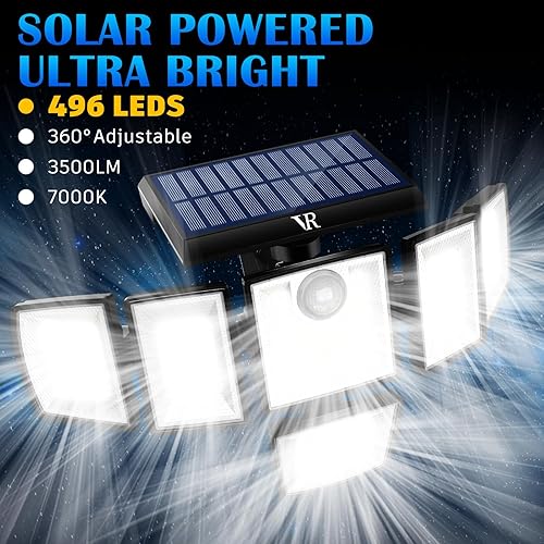 Miniatura 9 de Luces solares con sensor de movimiento para exteriores  496 LEDs 3500 lm, 3 modos de iluminación, 3 niveles de brillo, 6 cabezales de iluminación de