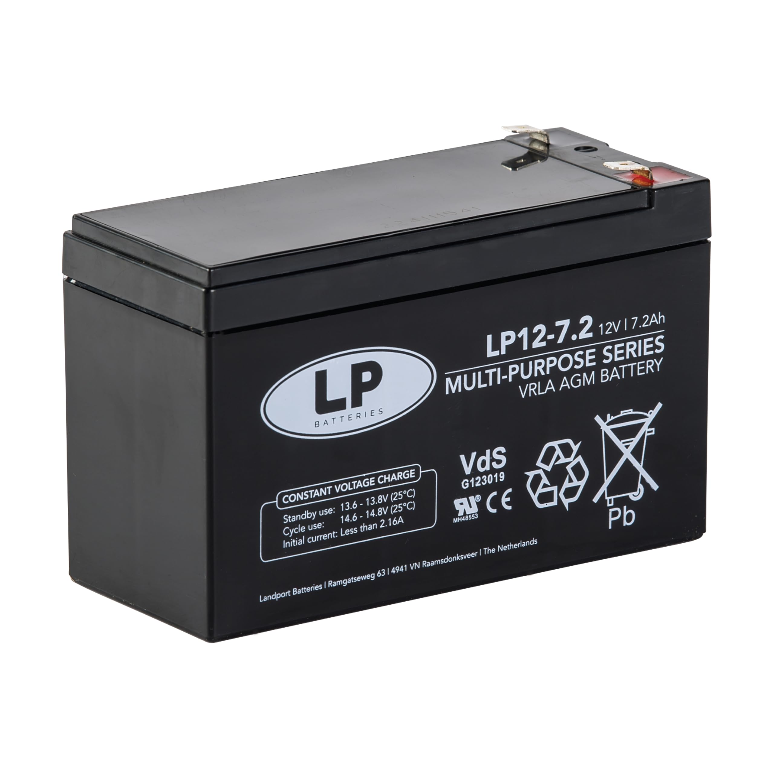 Landport - Batería AGM 12V 7,2Ah LP12-7,2 VDS - Batería de Plomo-Ácido Libre de Mantenimiento, Alta Fiabilidad, Terminal T2/F2 - Batería Sistemas de Seguridad, UPS, Energía de Respaldo