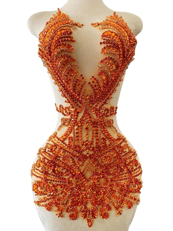 Large Size Handmade Rhinestones lace Trim Patches sew on Beads Appliques for Wedding Party Evening Dress Accessories 26X14inches (Orange) by PLune - Image 2
