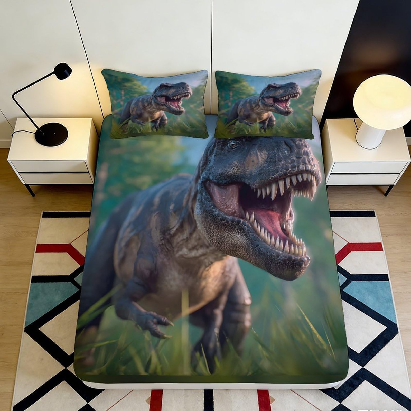 3D Printed Dinosaur Fitted Sheet Microfiber Soft Breathable 3D Tyrannosaurus Mattress Cover for Bedroom Dormitory Guest Room Mattress Protection 120x200x25cm