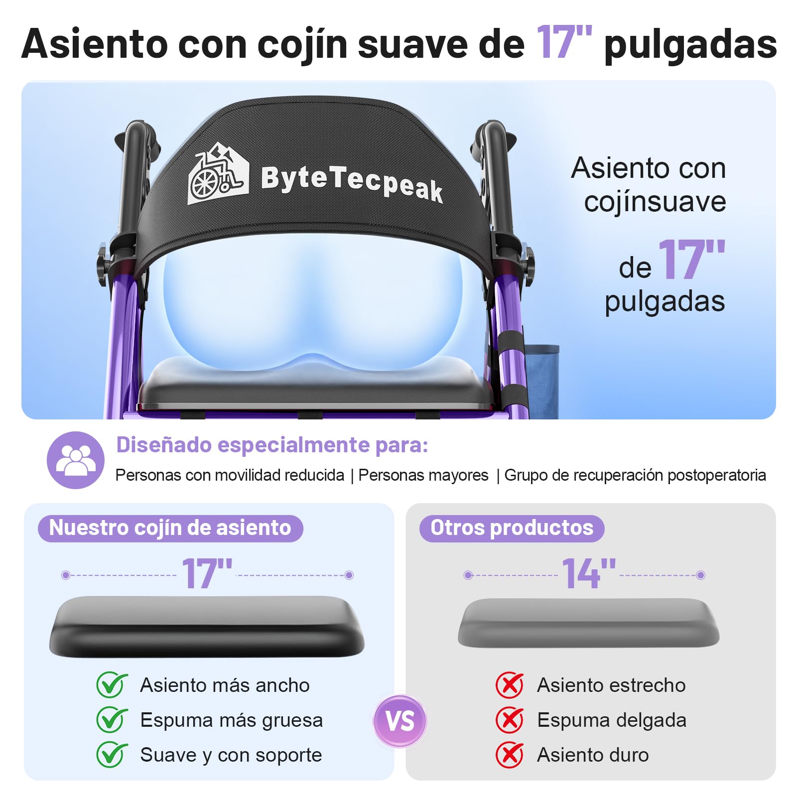 R4 Andador plegable para ancianos, andadores adultos, altura ajustable en 5 niveles en asiento y manillar, caminadores de 4 ruedas con freno, bolsa de almacenamiento, carga máxima 100KG (Morado)