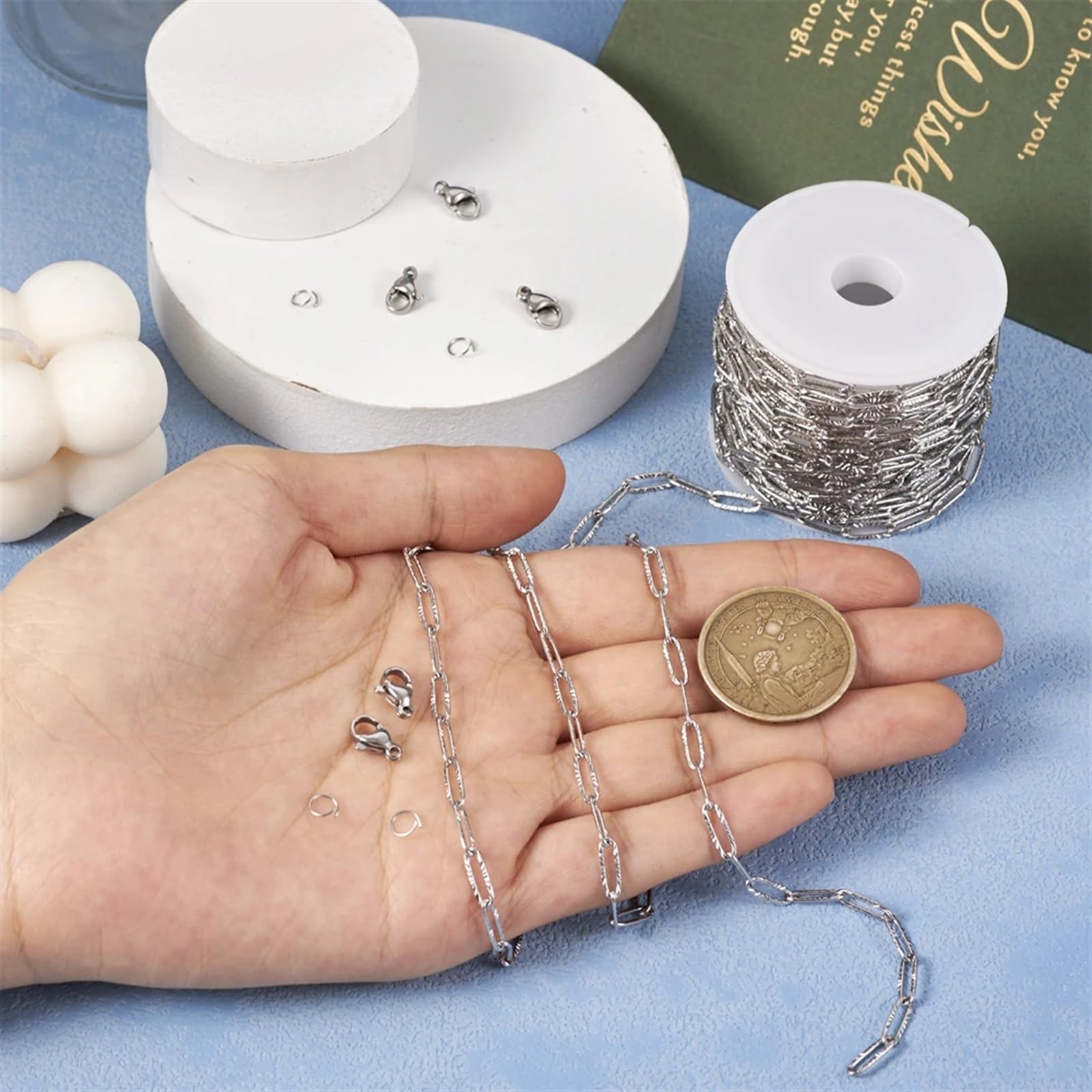 Kolorowy łańcuch DIY ， Kolorowe ogniwa łańcucha ， 5M teksturowane spinacze ze stali nierdzewnej łańcuszki klamry skok pierścienie łańcuszek bransoletka naszyjnik zestaw do robienia dla majsterkowiczów