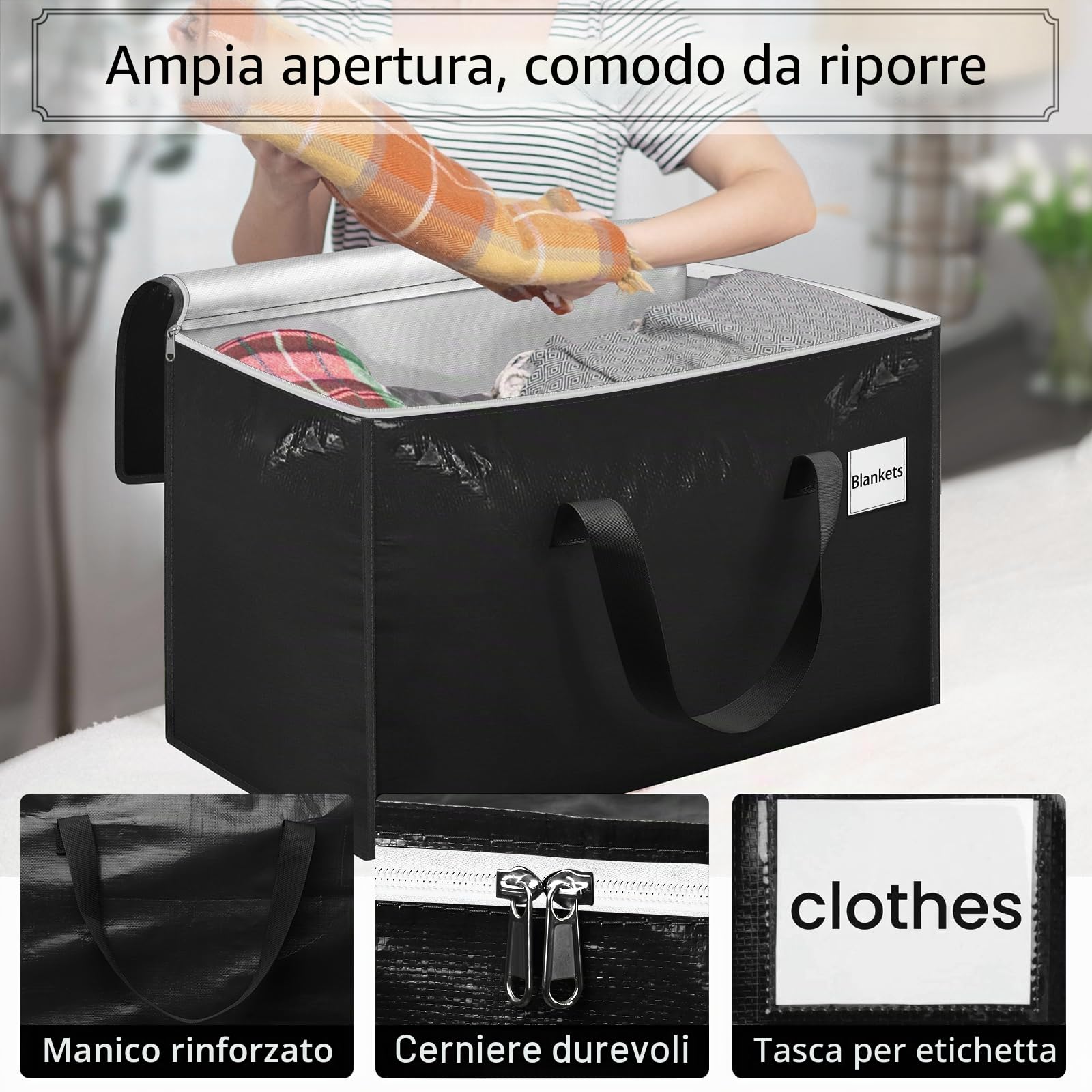 Withosent 100L Borsa Portaoggetti Grande, 10 Pezzi Impermeabile Borse di Stoccaggio Trasloco con Cerniera e Maniglia, Pieghevole Scatole Armadio Viaggio per Vestiti, Coperte, Trapunte, Nero