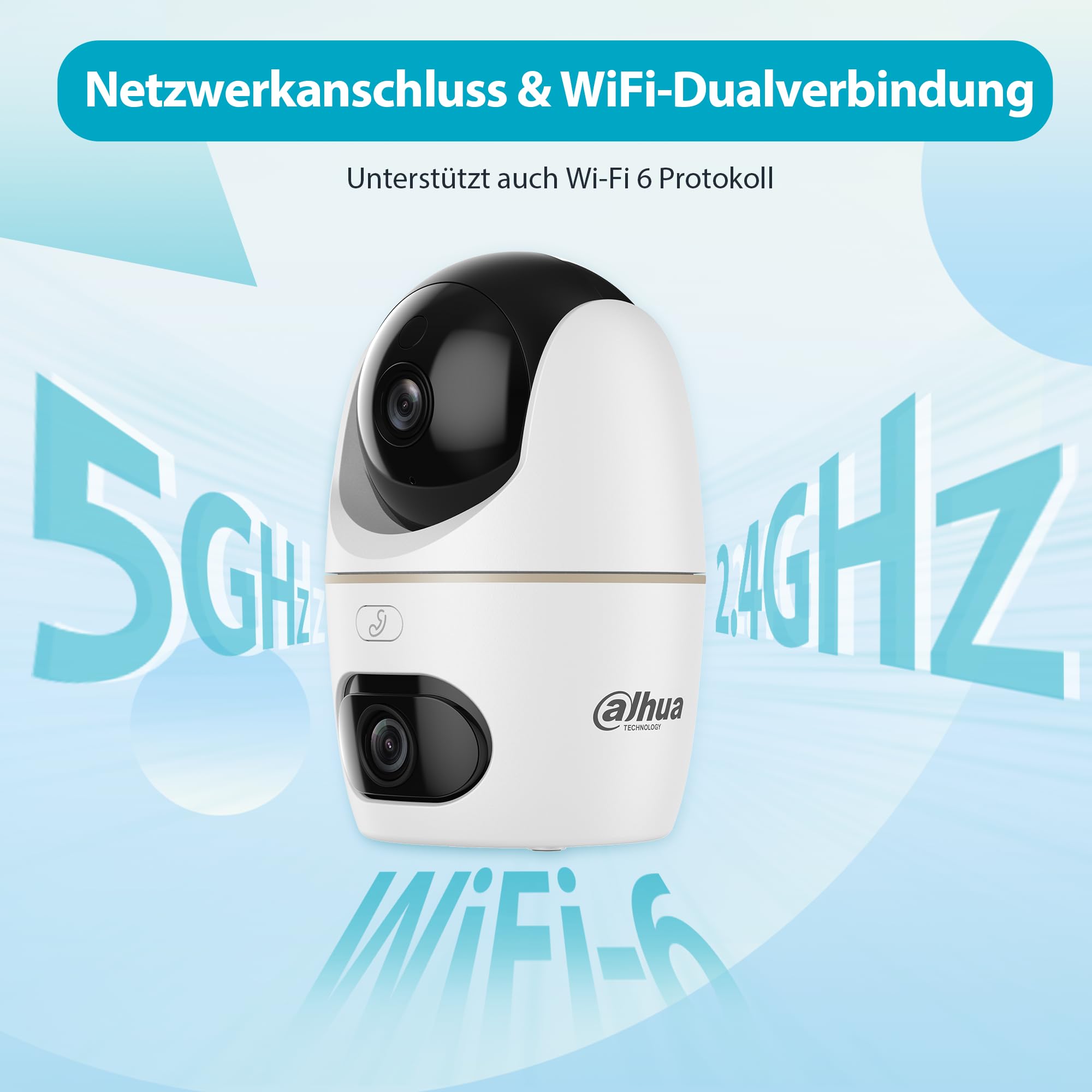Dahua Dual-Lens Pan Tilt Innenkamera 3+3MP, 2.4/5GHz WLAN, KI Personen-/Tiererkennung, Farbnachtsicht, Automatische Verfolgung, 2-Wege-Audio + Sirene, Privat-Modus, H3D，Baby & Haustier