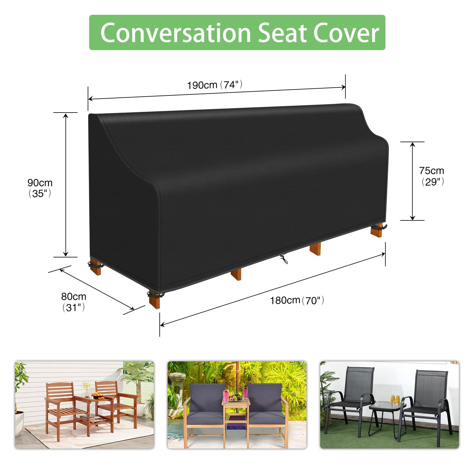 PATIO PLUS Outdoor Conversation Seat Cover, Waterpoof Windproof Heavy Duty 420D Oxford Fabric, Suitable for Conversation Rattan Chair Sets L180/190cm*W80cm*H75/90cm Black - Image 2