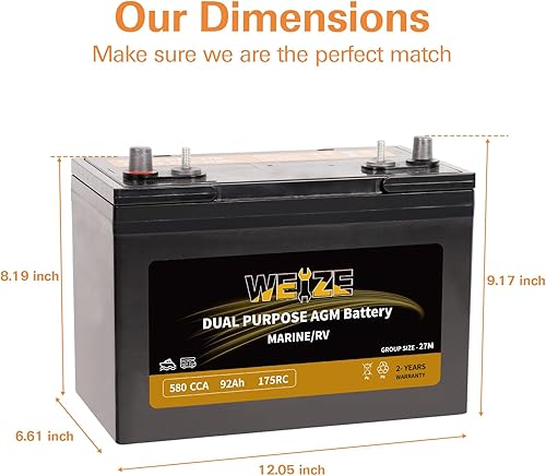 Miniatura 2 de Weize Batería AGM de doble propósito de 12V 92AH, 580CCA BCI Group 27M Starter y batería sellada de ciclo profundo marina y RV