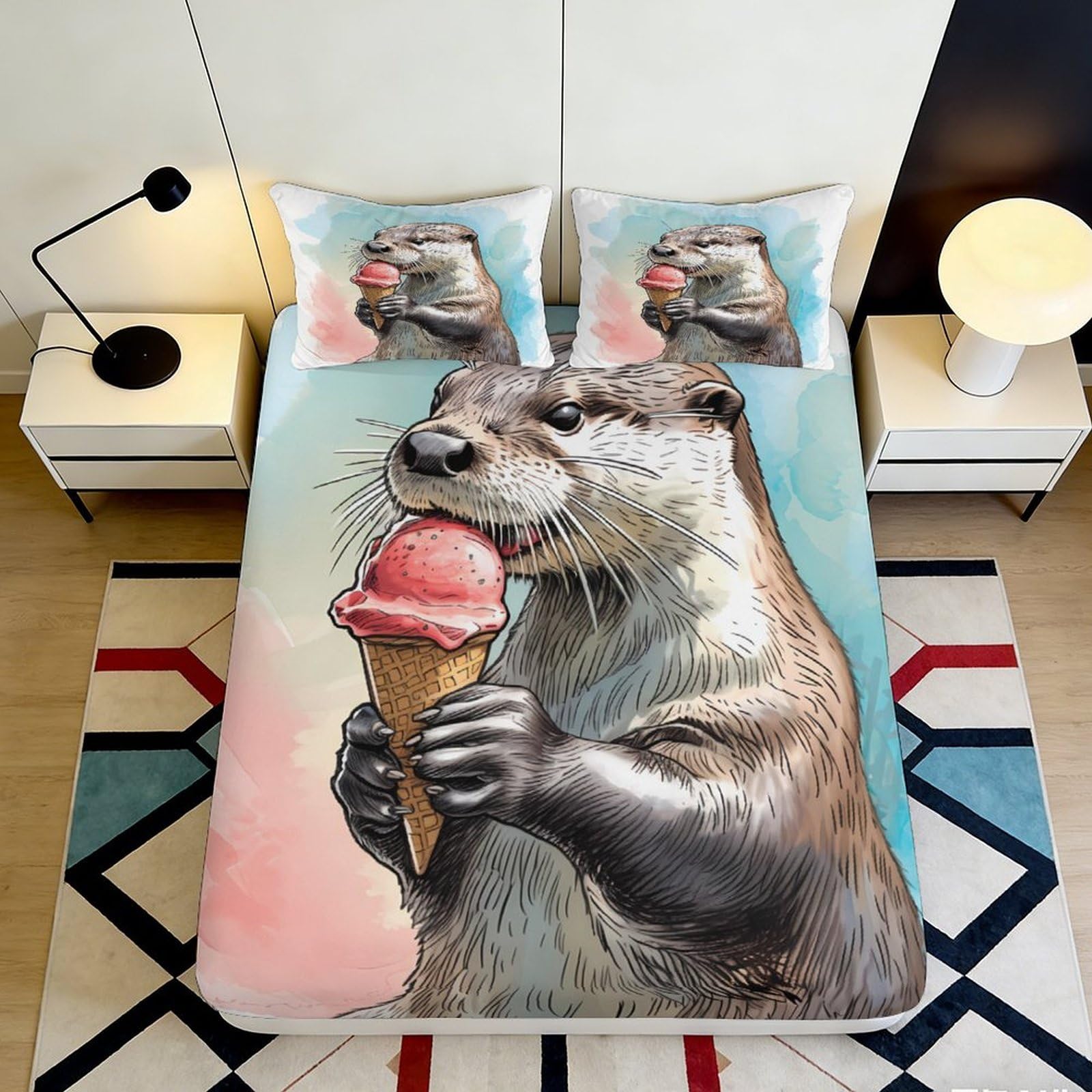 Kzqnxhjprl Style-10 3D Printed Otter Ice Cream Fitted Sheet Microfiber Soft Breathable Animal Art Mattress Cover Bedroom Dorm Decor 90X200x25cm
