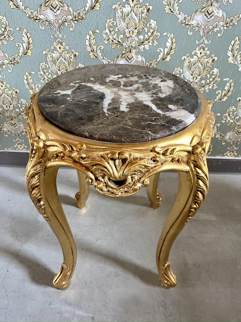 CasAmin Home & Living Tavolino rotondo in stile antico francese con piano in marmo marrone finitura oro per interni